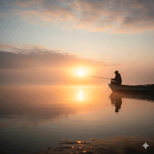 Man fishing by a calm lake, seen from a distance, early morning mist rising from the water