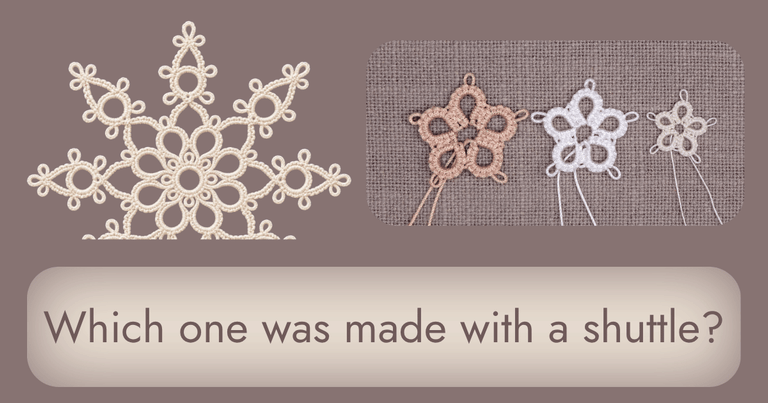 Left: an AI-generated image of a tatted snowflake. Right: three small tatted flowers made by hand, with thread ends still visible